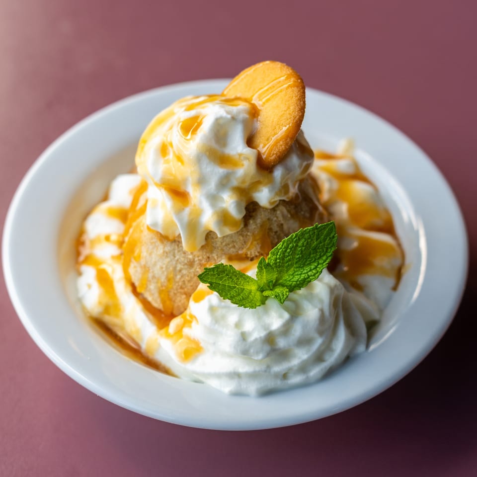 Waffle dessert topped with whipped cream, caramel sauce, a cookie, and fresh mint on a white plate.