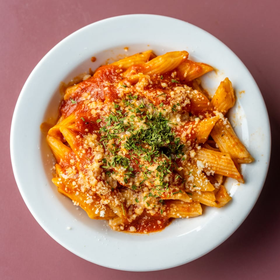 Penne pasta topped with tomato sauce, grated cheese, and chopped herbs on a white plate.