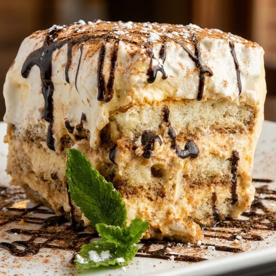 A slice of tiramisu with chocolate drizzle, cocoa powder, and a mint garnish on a white plate.