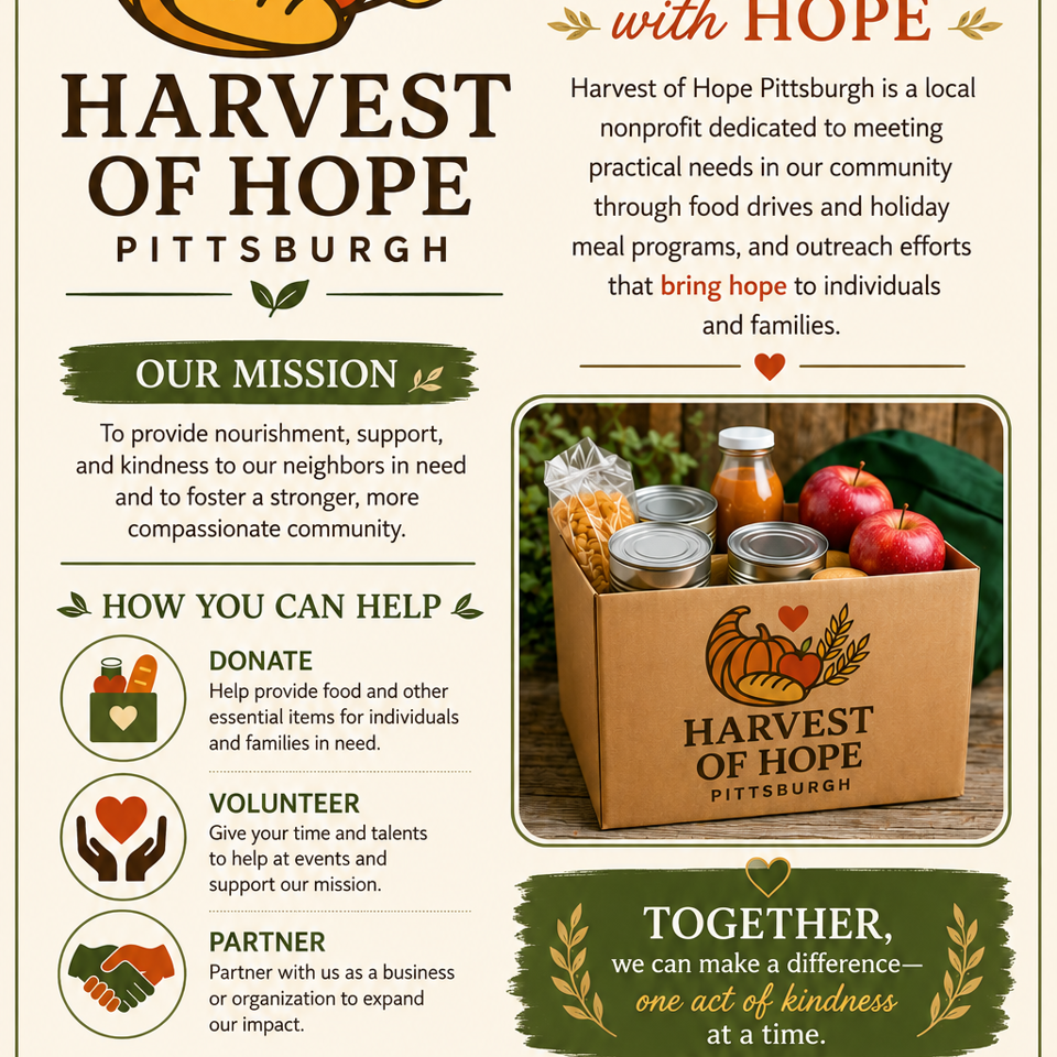 Harvest of Hope Pittsburgh community outreach poster featuring a food donation box, harvest illustration, mission statement, and ways to help.