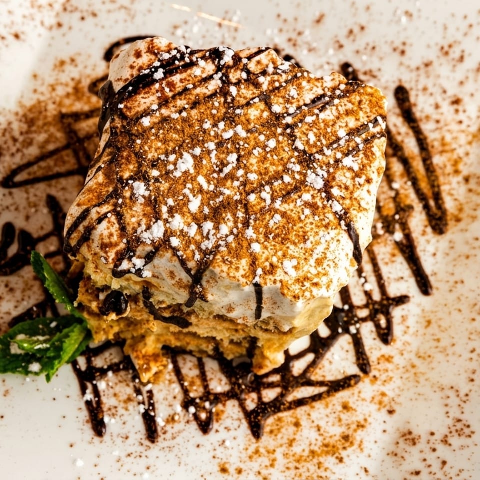 A tiramisu dessert with chocolate drizzle, cocoa powder, and powdered sugar on a white plate.
