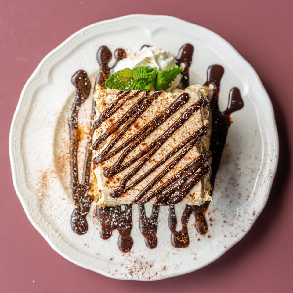 Overhead view of a whipped-cream dessert drizzled with chocolate sauce, dusted with cinnamon, and garnished with mint on a white plate.