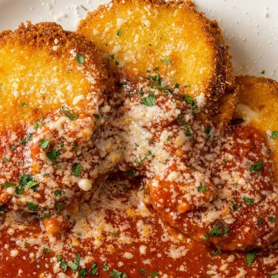 Three golden-fried mozzarella rounds covered in marinara sauce, parmesan cheese, and parsley on a white plate.
