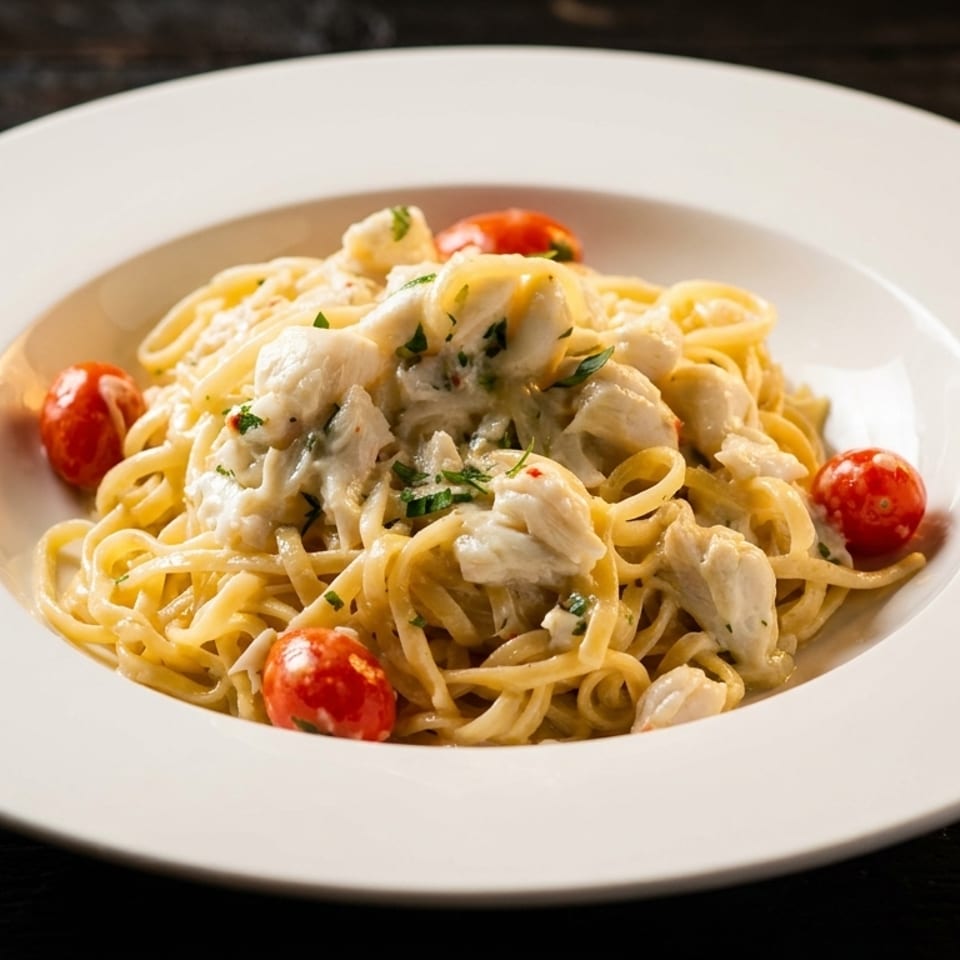 Linguine pasta with crab meat, cherry tomatoes, and parsley in a white bowl.