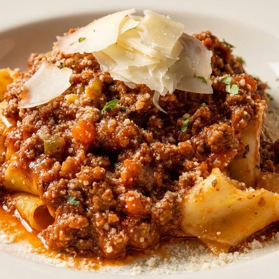 Close-up of pappardelle pasta with rich bolognese sauce, topped with shaved Parmesan cheese and herbs.