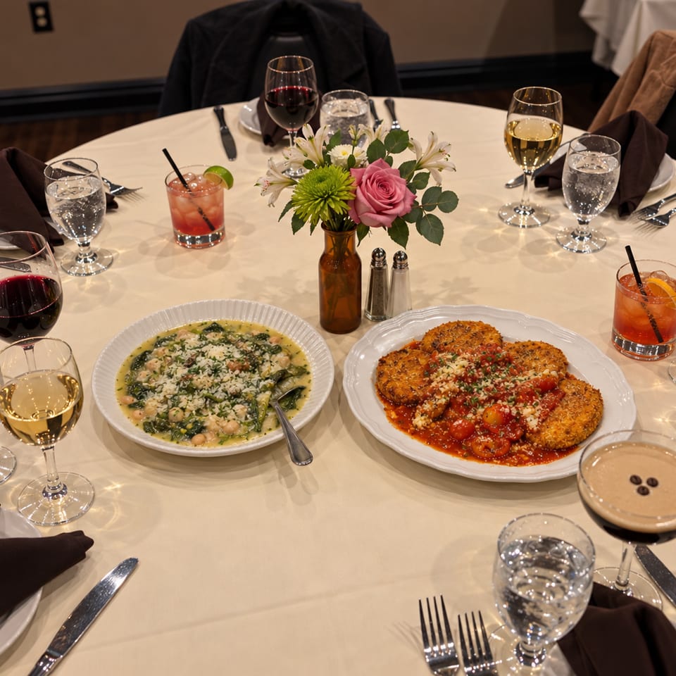 Elegant restaurant table featuring breaded chicken in tomato sauce, creamy spinach dish, cocktails, wine, and floral centerpiece.