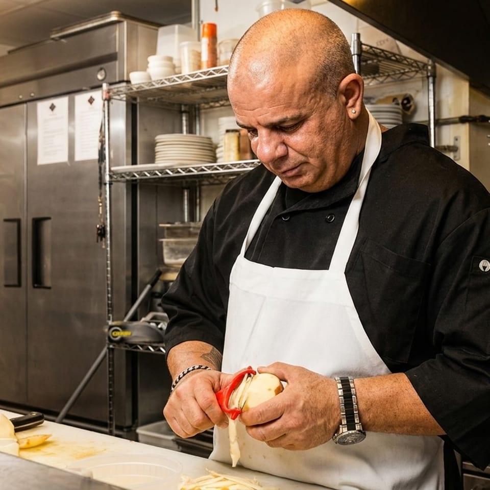 Chef in a black uniform and white apron peeling a potato in a commercial kitchen.