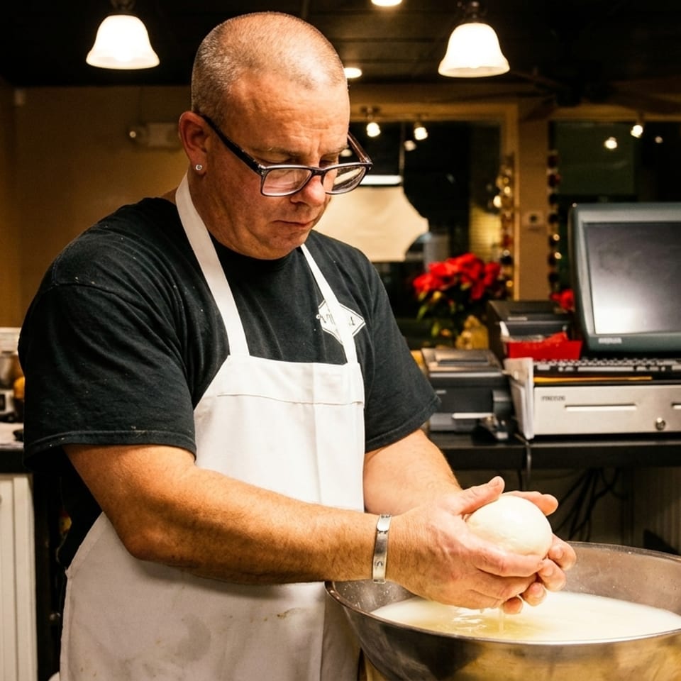 A chef in an apron making fresh mozzarella cheese by hand in a restaurant kitchen.