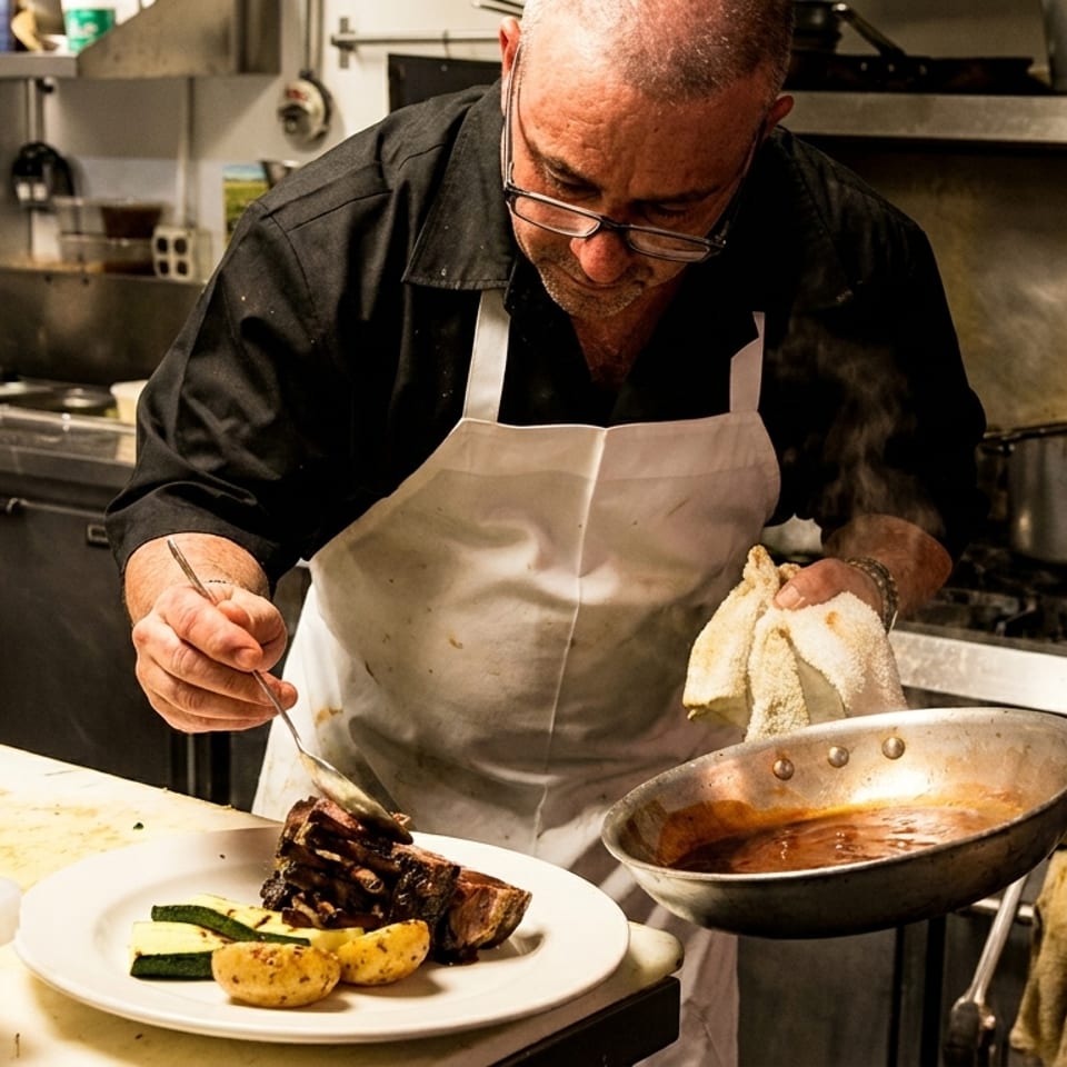 A chef in a white apron meticulously plates a dish of ribs, potatoes, and zucchini in a bustling kitchen.