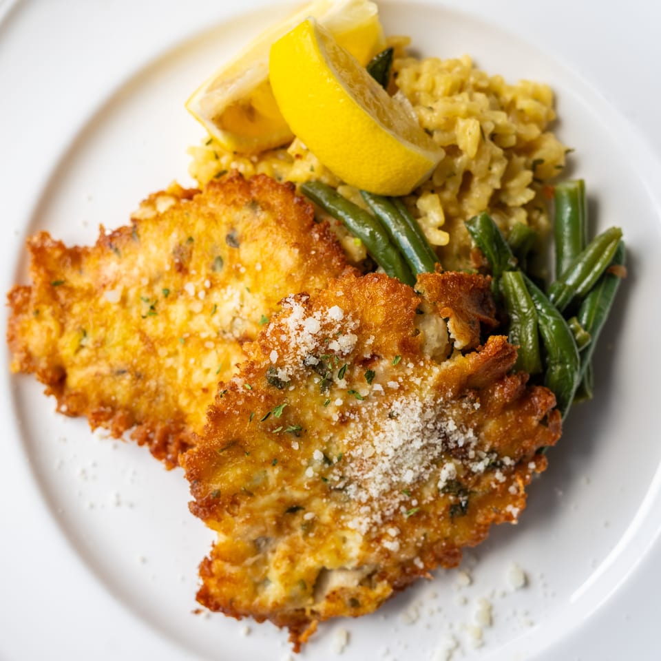 Crispy breaded chicken served with creamy rice, green beans, lemon wedges, and grated cheese on a white plate.