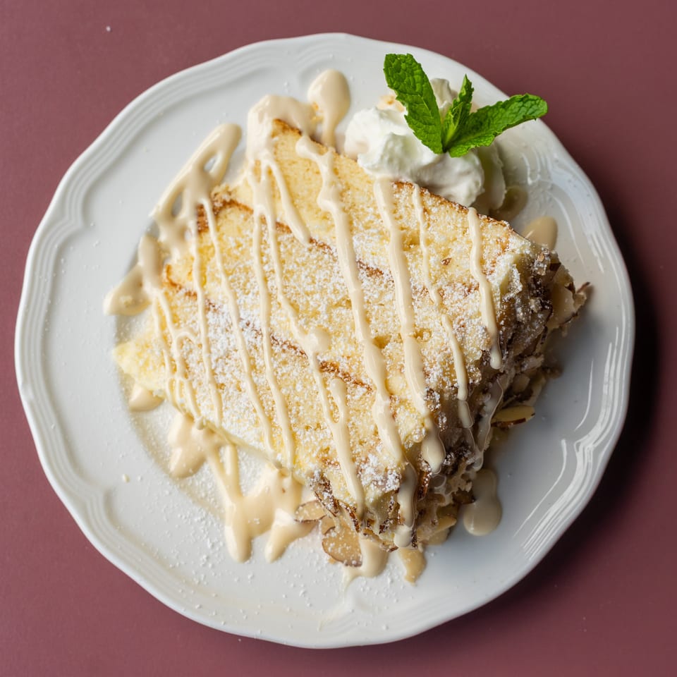 Golden crepe dusted with powdered sugar, drizzled with cream sauce, and topped with whipped cream and mint.